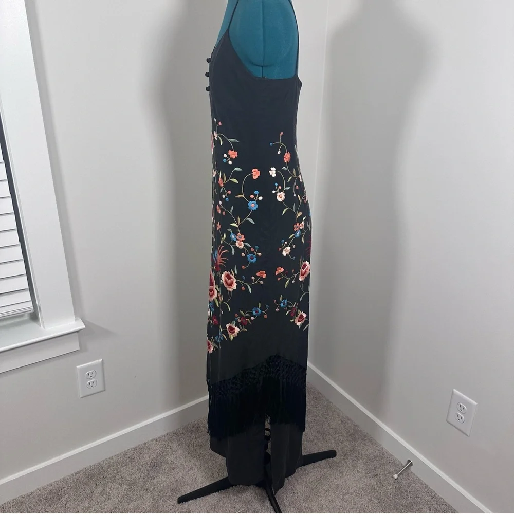 Sue Wong Vintage Black Silk Maxi Dress with Floral Embroidery & Fringe - Picture 7 of 16